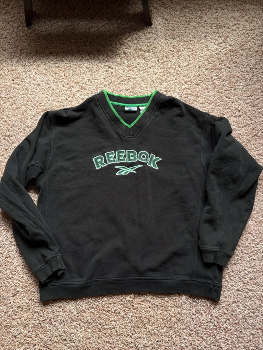 Reebok Men's Black V-Neck Sweater with Green Trim